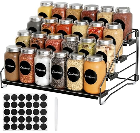 babikeen 4-ebliger Gewürzregal-Ständer, Höhenverstellbar ohne Bohren, Metall Spice Rack für Küche & Schrank, mit Etiketten und Stift