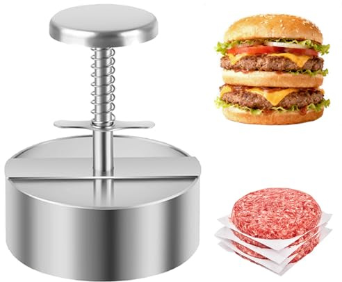 IGRARK Stainless Steel Burger Press,4.5 Hamburger Patty Maker,with Non-Stick Mold & Spring Button, Heavy Duty Easy Release,with 150 Pieces of greaseproof Paper for Beef, Burgers, BBQ