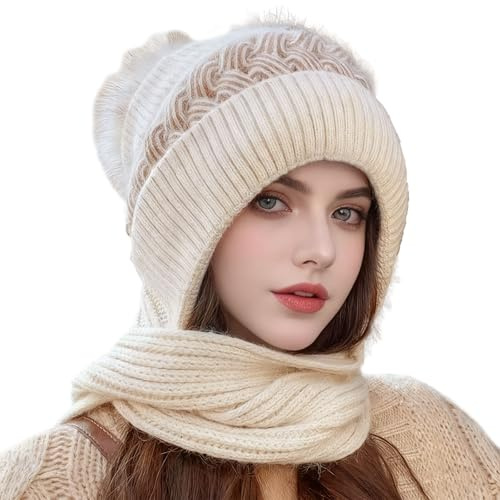 KASESSS Knitted Hat with Scarf Set, Winter Hats for Women, Hooded Scarf Integrated Ear Protection Windproof, Slouchy Warm Knitted Beanie with Pom Pom for Outdoor Sports for Women Girls, Beige