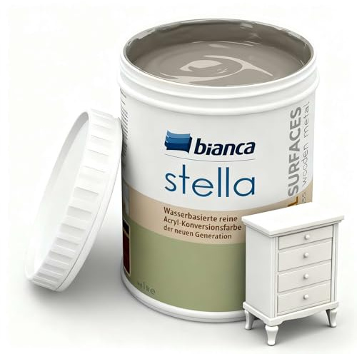 Bianca Stella Möbelfarbe Ohne Schleifen - Wasserbasierter Parfümierter Möbellack für Holz, Küchenschrank, Tisch, Stuhl - Steingrau, Glänzend, Kratzfest, Hochdeckend, 1000ml