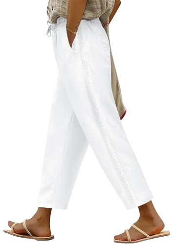 PASUDA Pantalon Femme Été 7/8 Pantacourt Taille Haute Elastique Pantalons Coton Ample Droit Décontractée Fluide Léger Palazzo Pants Chic et Elegant Plage avec Cordon Poches(Blanc,XL)