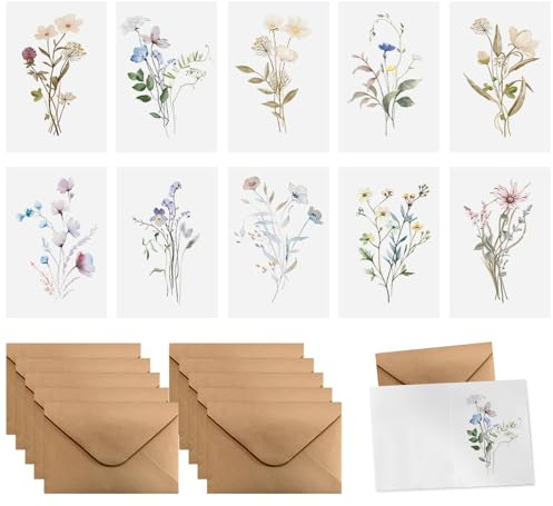 HMCEY Set di 10 Biglietto Auguri Fiori con Buste,Biglietto Floreale,Biglietti Compleanno,Biglietti Pieghevoli Vuoti,Bigliettos Auguri Cartolina,Birthday Card,Bigliettos Matrimonio Elegante per Feste