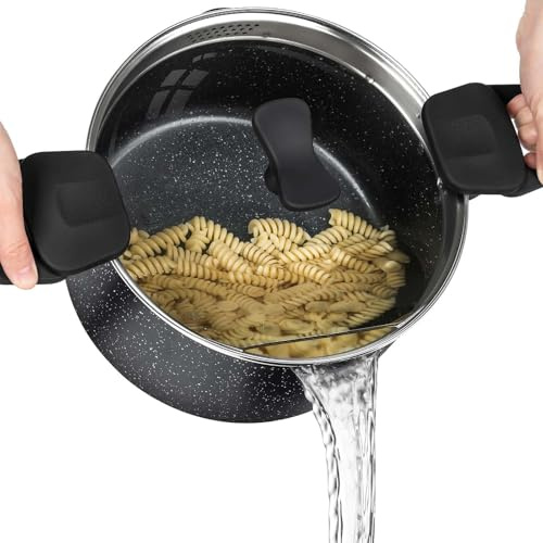 JDZYFFS Olla para Pasta De 6 Cuartos con Tapa Coladora, Olla para Espaguetis Compatible con Inducción, Olla para Sopa con Asas Giratorias Y Bloqueables, Olla para Cocinar