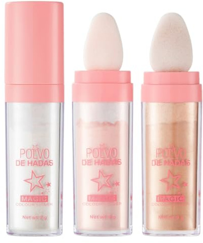 3 polvos iluminadores con cabezal de esponja, polvos de brillo para cara y cuerpo, maquillaje brillante, polvo para festivales, fiestas, ojos, labios, pelo