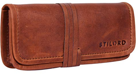 STILORD 'Lenny' Federmäppchen Leder Vintage klein Lederetui Elegantes Lederaccessoire ideal als Stifteetui Schreibmappe und Geldbörse echtes Büffelleder, Farbe:Cognac - braun