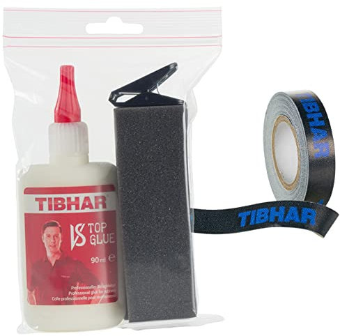 Tibhar Tischtennis Kleber für Beläge & Tischtennis Kantenband | Kleber Set VS Top Glue, 90ml & Kantenband Evolution, 5m, 12mm | schwarz