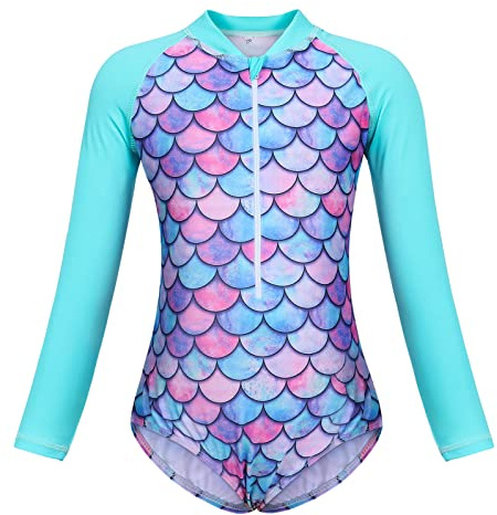 Berich Maillot de bain une pièce pour fille - Protection UV - Rashguard, Green Mermaid M0109, 7-8 ans