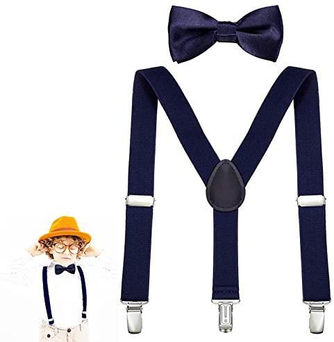 Bretelle per Bambini Papillon, Bretelle Y e Papillon Set, Bretelle con Papillon Set, Bretelle per Bambini a Forma di Y, Set di Cinghie Regolabili per Papillon, Unisex, Blu Marino, Butyeak