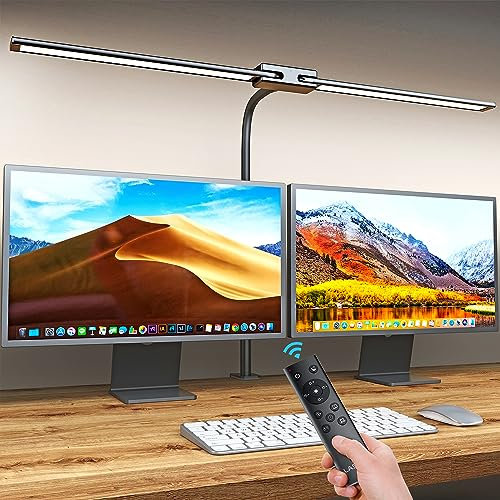 Lastar LED Desk Lamp with Remote Control ＆ 32.5 Wide Double Head, Architect Desk Lamp for Home Office with Clamp, Timer, 24W Ultra Bright Gooseneck Desk lamp for Computer Reading, Black