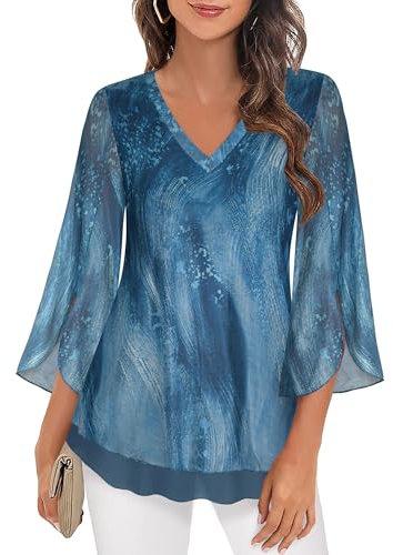 Datuhao Damen Tunika, Damen Bluse 3/4 Arm Elegant Tunika Festlich Lang Abendbluse Schicke Shirts Bluse Hochzeitsgast Longblusen und Tuniken Große Größen Blusen mit Flatterärmel,XL