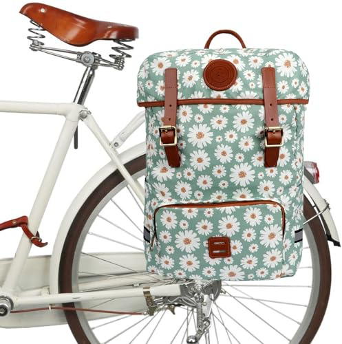TOURBON Fahrradtasche Gepäckträgertasche Wasserdicht Segeltuch Radfahren Laptop Rucksack Sitz Schultertasche für Outdoor Reisen Schule (Blumenmuster)