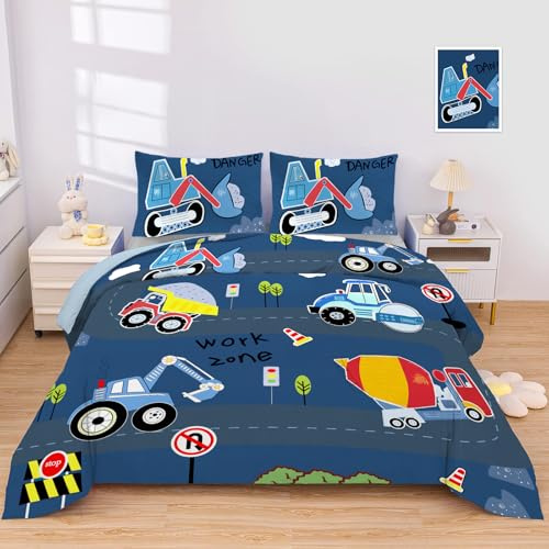 INTOMENG Boys Car Beddings 200×200 for Kids Double Duvet Set 3D Cars Quilt Cover 100% Microfibre Bedding with Zip Fastening Matching 2 Pillowcases 50×75cm 3 pcs Dark Blue