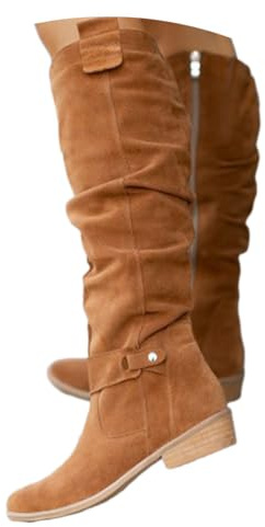shownicer Botte Hautes Femme Daim Bottes Elegant Bout Rond Bottines Automne et Hiver Talon Bas Boots Confortable Chaussures A Marron 39