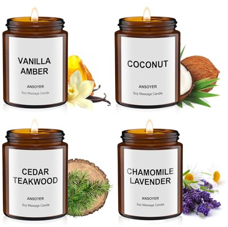 4Pcs x 128g, Ansoyer Bougie de massage, cire de soja naturel, pour un poids total de 512 g (Vanille Ambre + Noix de coco + Bois de teck de cèdre + Camomille lavande)