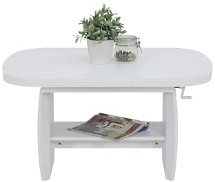 Hela Tische, Funktionscouchtisch Michael, Holzoptik melaminbeschichtet, Dekor Weiß, ausziehbar 90-142cm, höhenverstellbar mit Kurbel 52-62cm