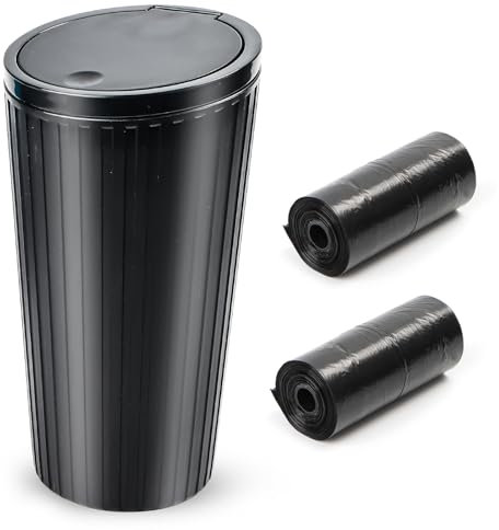 KFDDRN Car Waste Bin with Lid, Black, Plastic, 2.5L, 8.5x8.5x16.3cm, 2 Rolls of Bin Liners, Practical Mini Trash Can for Cars, Home, Office, Bedroom