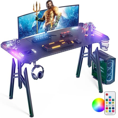 FIVMEN Scrivania da Gaming LED 120x60 cm Tavolo da Gaming Scrivania per Computer con Porta-bevande e Gancio per Cuffie Tavolo PC Tavolo da Giocatore Tavolo da Gaming con Rivestimento in Fibra di