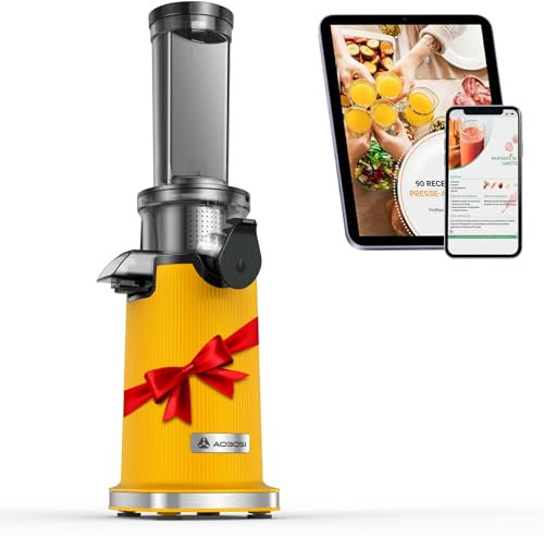 Entsafter AOBOSI-Mini slow juicer mit Rückwärts-Kau-Funktion-saftpresse elektrisch mit Bürste und 2 Tassen- Multifunktions obstpresse-elektrische Fruchtpresse (Gelb, 45MM)