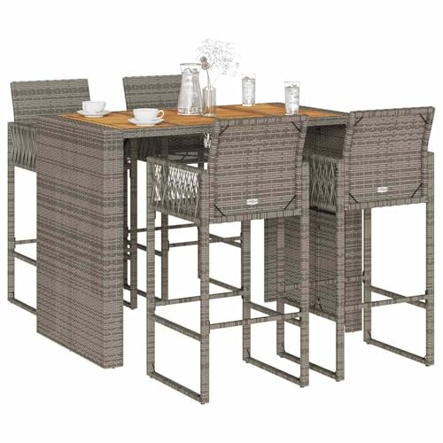 Homgoday Set Bar jardín sin Cojines 5 pzas ratán sintético Acacia Gris Barra Jardin Barra Bar Exterior mesas Altas y taburetes Dimensiones 145 cm