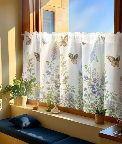 Daliena Kurzgardine mit Blumen Schmetterlinge Scheibengardinen Landhaus Stil Küchengardinen Halbtransparent Cafe Vorhang Fenstergardine mit Drucken (BxH 80x55cm) weiß 1 stück