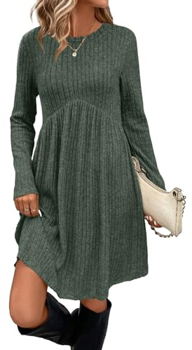 OFEEFAN Sweater Dress Long Sleeve Empire Waist Dress Fall Dresses Winter Dresses with Pockets Green S