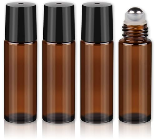 NICECONE 4Pcs 5ml Amber Glass Roller Bottles with Stainless Steel Roller Balls - Empty Essential Oil Roll-On Bottles for Aromatherapy, Perfumes, Lip Balms & Massage (Tea Brown, 5ML)