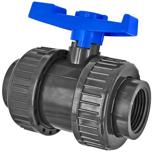 MegaHaustechnik Kugelhahn mit Überwurfmuttern 1/2 Zoll IG x IG DN15 Innengewinde Druck PN16 Bar aus Kunststoff PVC Trinkwasser geeignet Anschluß Verschraubung Bewässerung Absperr Ventil Hahn