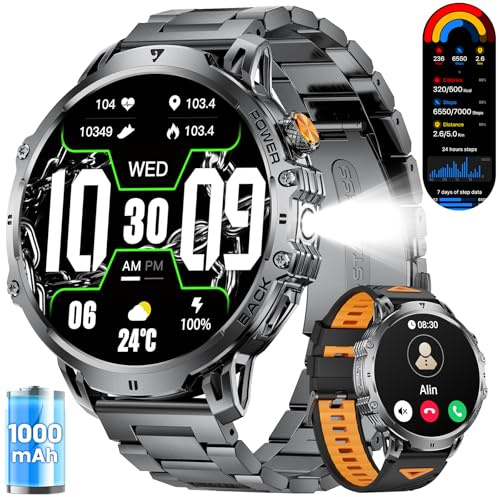 LIGE Orologio intelligente da uomo con 50 giorni di standby (1000 mAh), schermo HD AMOLED da 1,84 pollici, torcia elettrica, impermeabile fino a 50 m, oltre 100 sport fitness tracker, contapassi