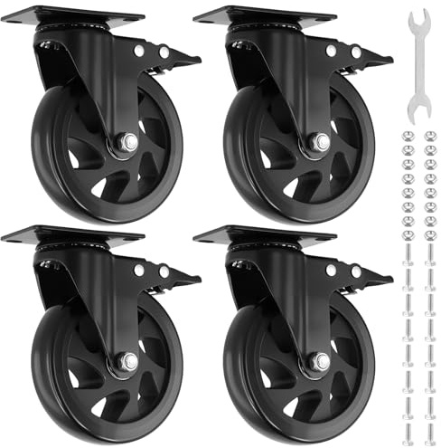 FAAING Lot de 4 roulettes pivotantes de 125 mm avec frein, pour charges lourdes, pour extérieur, avec frein, pour meubles, établis et chariot de transport