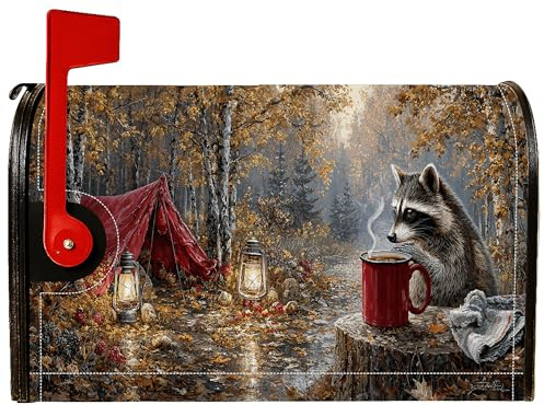 Raccoon Coperture magnetiche per cassetta postale, lanterna rustica a tema natura, copertura per cassetta delle lettere marrone autunnale per decorazione portico anteriore 53 x 65,5 cm