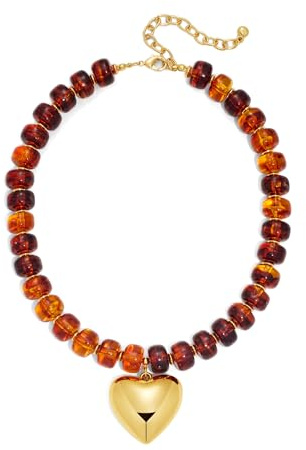 TOVABA Chunky Heart Necklaces For Women, Resin Beaded Necklace For Women – Large Gold Heart Pendant, Adjustable Length