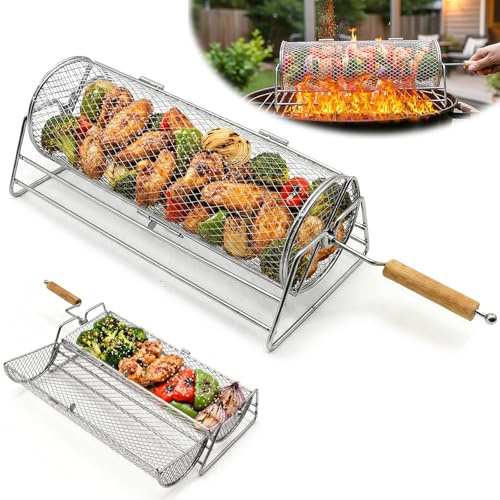 Kqpoinw Cesta de Parrilla Rodadiza, Cesta de Parrilla de Acero Inoxidable, Accesorios Barbacoa con Mango de Madera Extraíble, Rejilla Barbacoa Utensilios bbq para Exterior Camping, Regalos Hombre