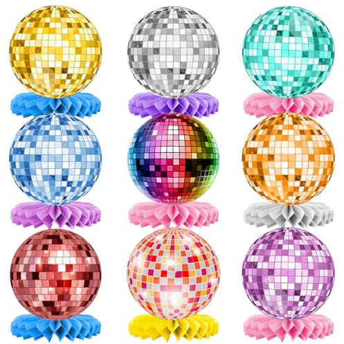 9 piezas de decoración de bolas de discoteca coloridas, centros de mesa de panal, decoración retro de bola de discoteca, decoración de bola de discoteca de rock arcoíris, centros de mesa de fiesta de