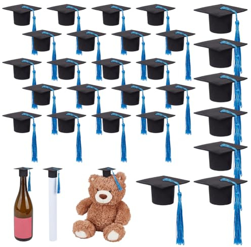 NBEADS 30 mini gorras de graduación con borla, pequeño animal, gorro de graduación, tapas para botellas de vino, para graduación, decoración, accesorios, azul, 54 x 54 x 30 mm
