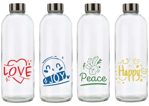 BrandPrint Set di 4 Bottiglie in Vetro Modello EOS, 1 Litro, Kit Happiness Good Vibes - Serigrafia Love Joy Peace Happy, Tappo a Vite in Acciaio Inox | Bottiglia Vetro Acqua Bevande Idea Regalo