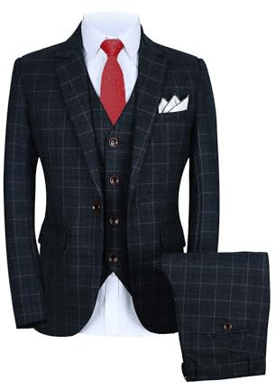 MOGU Traje de 3 Piezas a Cuadros para Hombre, Conjunto de Chaqueta, Chaleco y Pantalones para Bodas, Bailes de graduación y Negocios, Azul Oscuro, 34