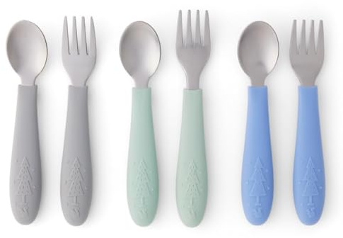 Elk and Friends Kids Silverware with Silicone Handle | Childrens Safe Flatware | Toddler Utensils | Baby Spoons + Forks | Stainless Steel Cutlery | Dishwasher Safe | 6 Pieces