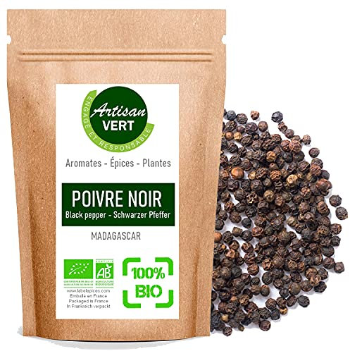 Poivre Noir en Grains de Madagascar 100g – Épice Entière Hautement Aromatique – Saveur Intense & Authentique – Idéal pour Moulins, Plats Épicés, Marinades et Sauces – Sachet Kraft – Artisan du Vert