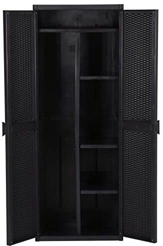 Keketa Gartenschrank Spindschrank Multifunktionsschrank mit Besenhalter und 4 Ablagen Terrassenschrank Balkonschrank für innen und außen Schwarz 65x45x172 cm Rattan-Optik