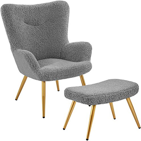 Yaheetech Boucle Armchair, Sherpa Fuzzy Tub Chair, Lounge Chair with High Back and Ottoman Footstool for Living Room, Bedroom, Study, Grey