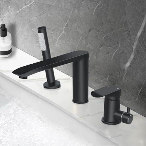 PHASAT 3 Loch Badewannenarmatur, Wannenrand mit Ausziehbarem Handbrause Matt Schwarz, Wannenrand Badewanne aus Messing Mischbatterie