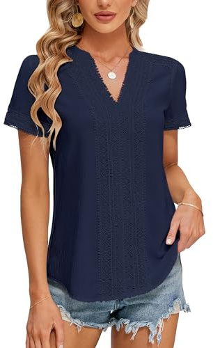 Blooming Jelly Womens Dressy Casual Blouses Lace Embroidered Business Tops Ladies Short Sleeve V Neck 2026 Summer Boho Trendy Work Shirts (Large, Navy Blue)