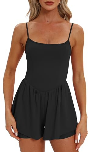Beaully Women's Summer One Piece Sleeveless Rompers Spaghetti Strap Double Lined Shorts Overalls Jumpsuit 6110 Black M