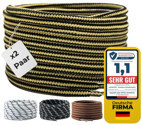 LaceHype 2 paires de lacets ronds - Diamètre 4,5 mm - Polyester - Pour bottes, chaussures de travail, d'extérieur et de sport - Lacets résistants à la déchirure, jaune/noir, 100 cm - 2 Paar