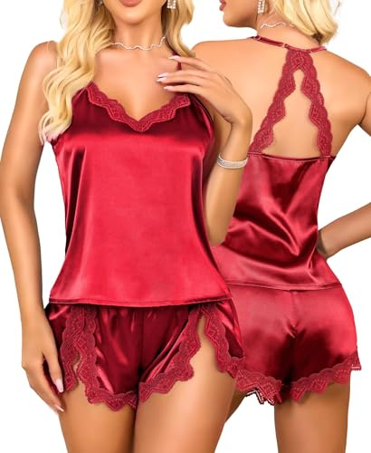 RSLOVE Satin pyjamas dam sexig – sidenpyjamas-set kort 2-delat nattlinne