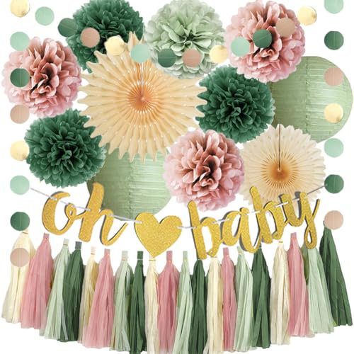 Decorazioni per baby shower rosa polveroso e verde salvia Boho Oh decorazioni per baby shower per ragazza Lanterne di carta rosa polverosa e verde salvia pompon ventagli beige con ghirlanda di nappe