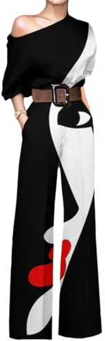 Agiyenna Combinaison Élégante pour Femme à Épaule Unique Taille Haute Jambes Évasées Manches Mi-Longues en Tissu Imprimé avec Poches pour un Style Estival Décontracté à la Mode