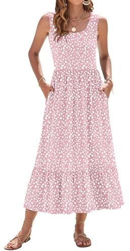WNEEDU - Abito estivo da donna, lungo, senza maniche, stile impero, con scollo a U, leggero, con tasche, vestito da spiaggia, L