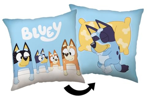 Jerry Fabrics Bluey & Bingo vändbar kudde – 40 cm x 40 cm – officiellt licensierad barnkudde – mjuk och mysig – dubbelsidig design – perfekt för sovrum, soffor och presentidéer