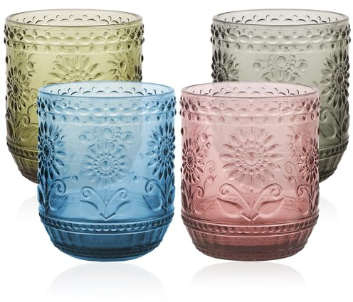 Ulable Set of 4-360ml/12oz Vintage Tumbler Glasses - Decorative Floral Embossed Water Glasses - Heavy Duty Glassware Beverages Tumblers for Whisky, Beer, Juice, Wine, Green & Blue & Pink & Grey